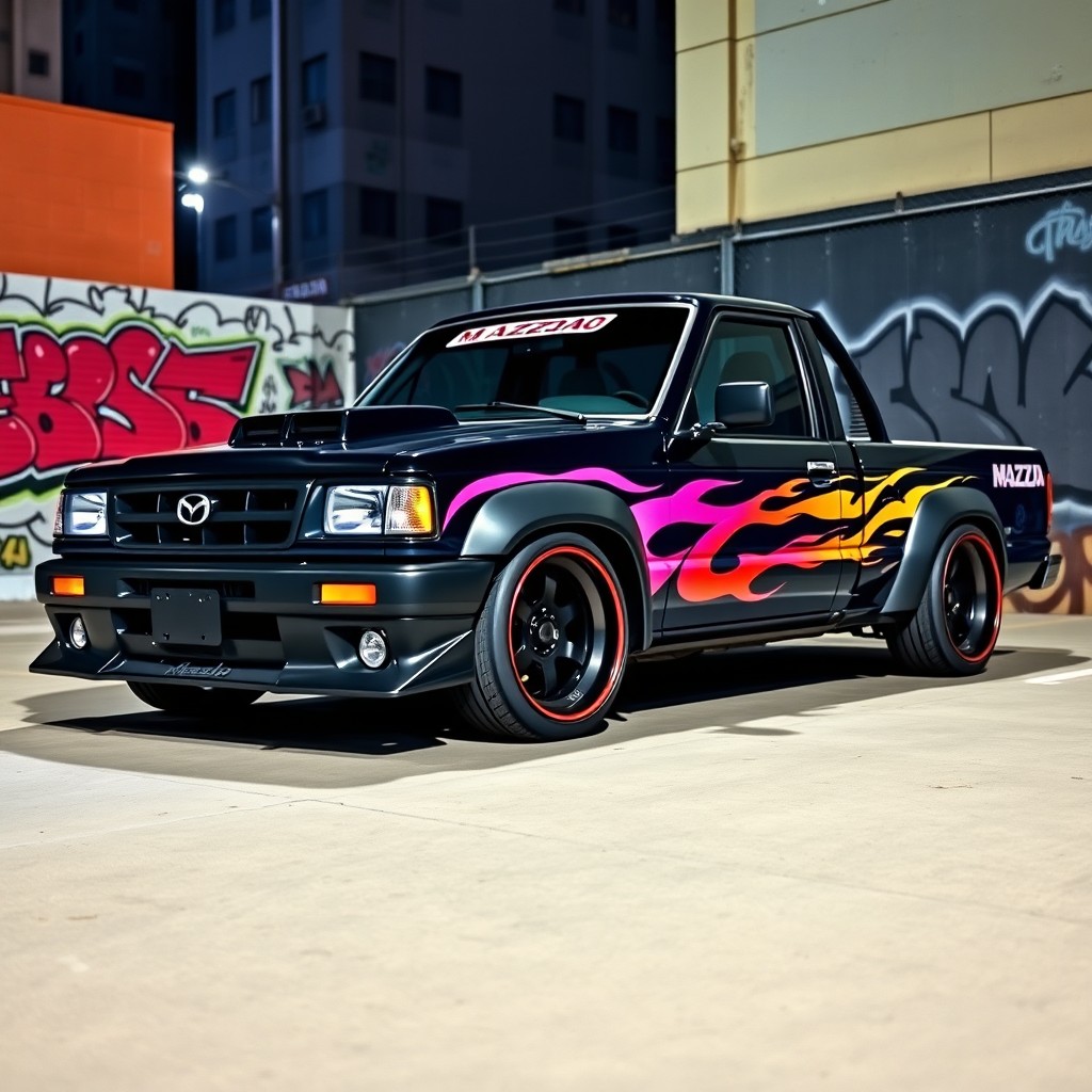 A modified Mazda B2200 truck parked in an urban environment, showcasing its unique upgrades