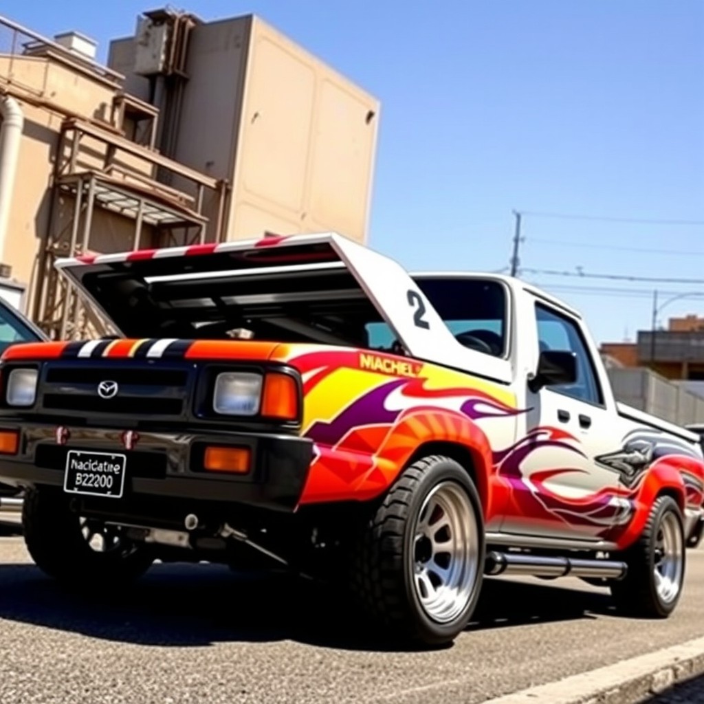 A modified Mazda B2200 truck showcasing an aggressive stance and custom modifications