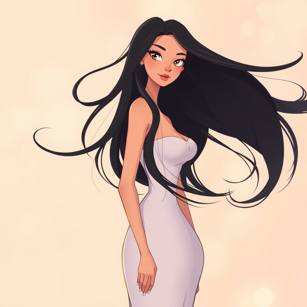 A tall and slim woman with long, flowing black hair, showcasing delicate yet striking features