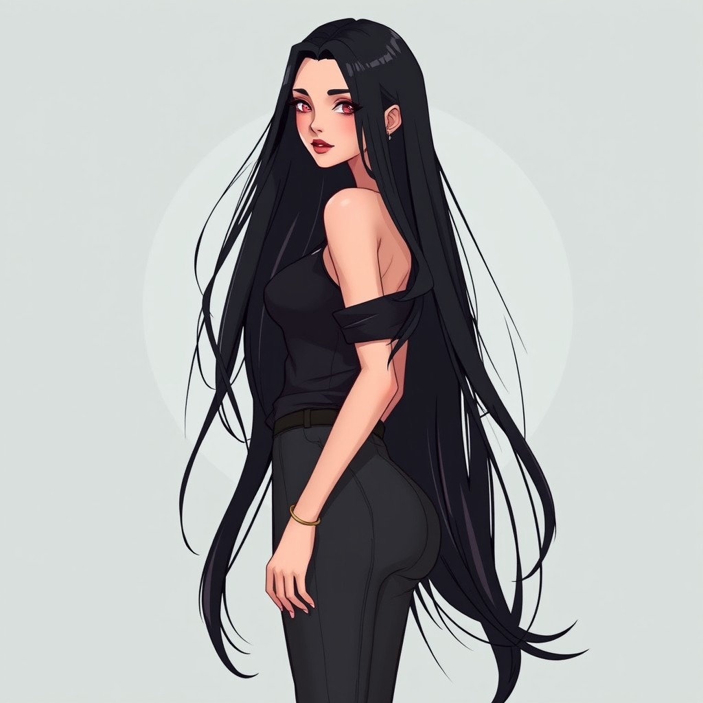 A tall and slim woman with long, flowing black hair, characterized by her delicate features