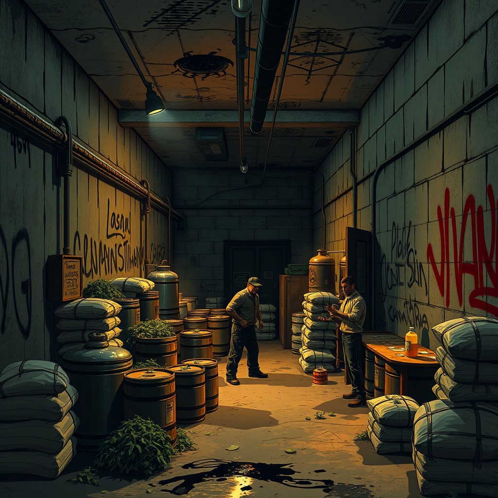 An underground warehouse scene illustrating an illegal business operation dedicated to distilling moonshine from marijuana in a video game setting