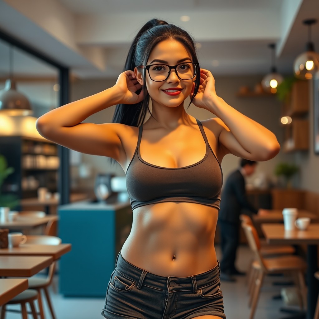 An attractive mom with glasses, featuring a flirtatious expression and white skin