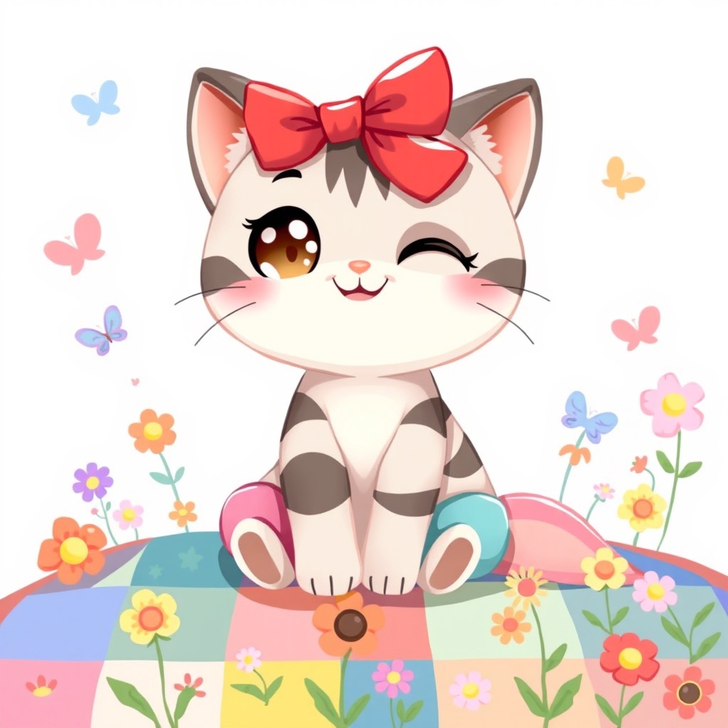 A cute and playful illustration of a character inspired by a cat with big expressive eyes, wearing a bright red bow on its head, sitting on a colorful patchwork quilt surrounded by playful cartoon flowers and butterflies, set against a soft pastel background