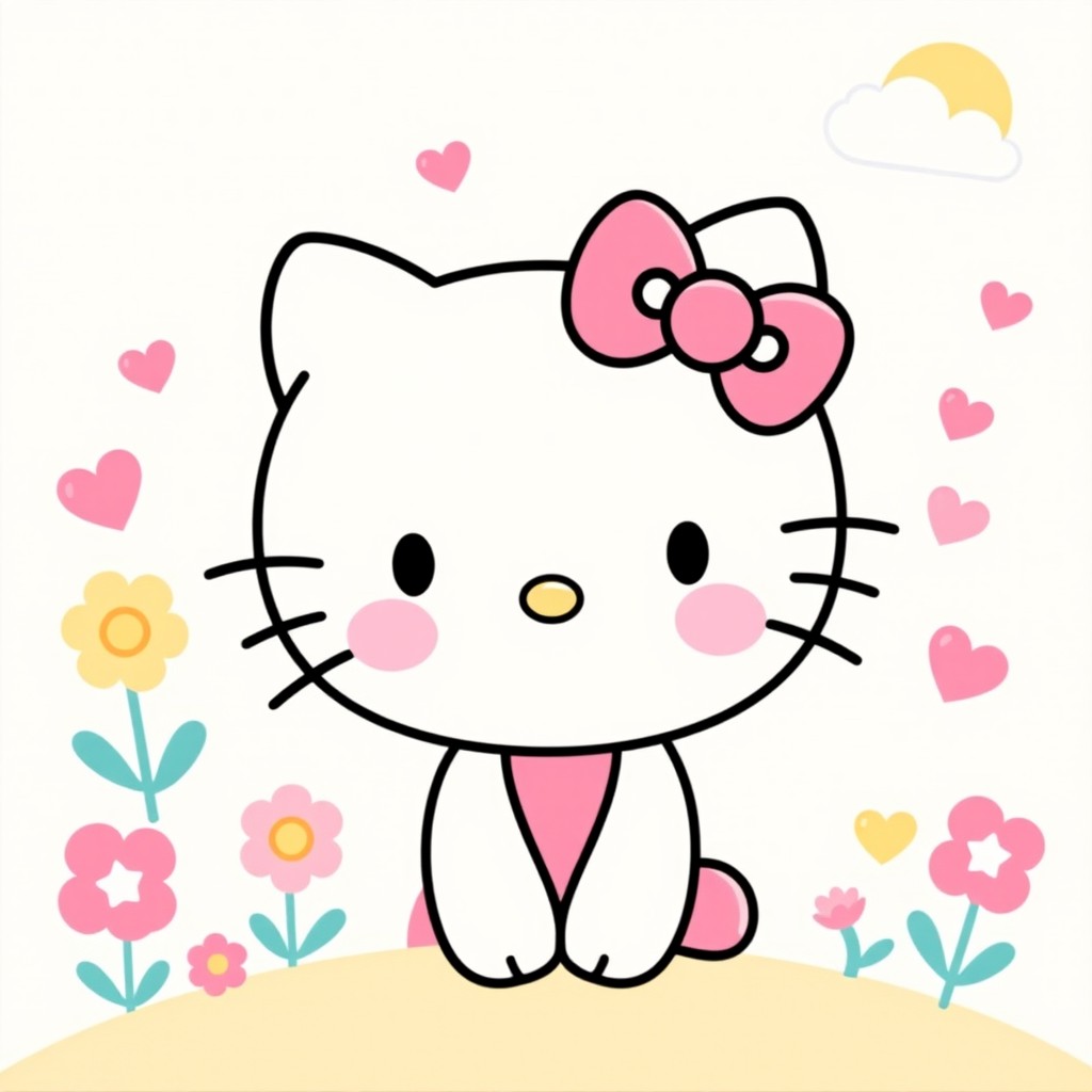 A delightful and colorful illustration of Hello Kitty, the iconic character with her signature bow, round face, and cute expression