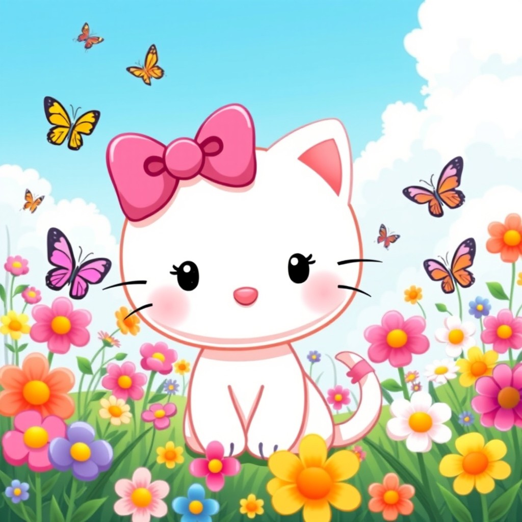 A whimsical and vibrant illustration of a cute cartoon cat resembling Hello Kitty, featuring an oversized pink bow on her head, standing in a colorful garden filled with blooming flowers and butterflies