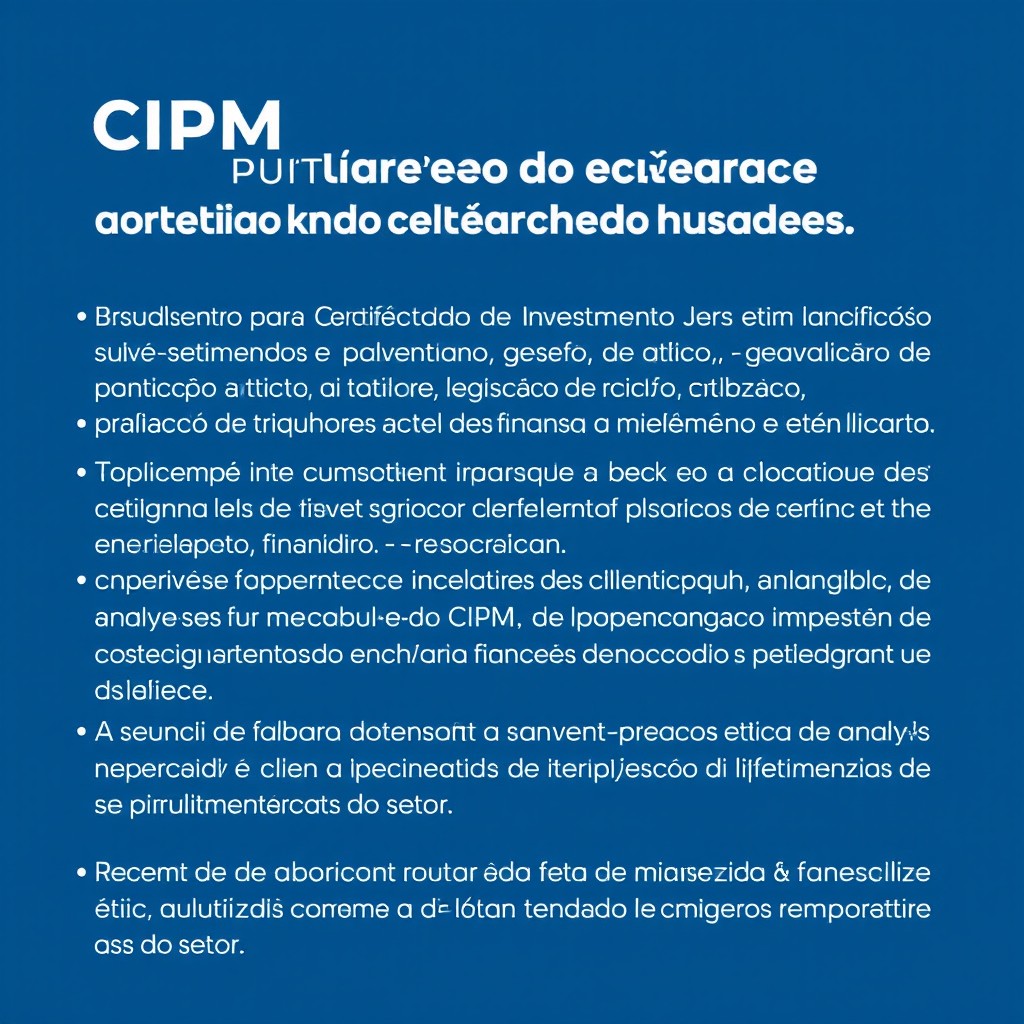 Resumo abrangente dos estudos para o Certificado de Investimento em Patrimônio Mobiliário (CIPM), incluindo tópicos como análise de investimentos, avaliação de ativos, gestão de risco, legislação financeira e tributação, melhores práticas de análise de mercado e atendimento ao cliente
