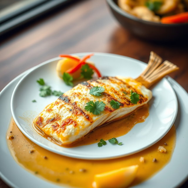 A beautifully arranged plate featuring a white fish fillet, perfectly seared to a golden brown, cooked with aromatic curry and rich coconut milk