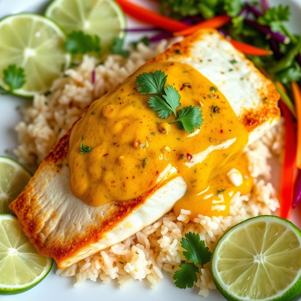 A beautifully plated dish featuring a golden brown fillet of white fish, perfectly cooked and topped with a rich, creamy coconut curry sauce