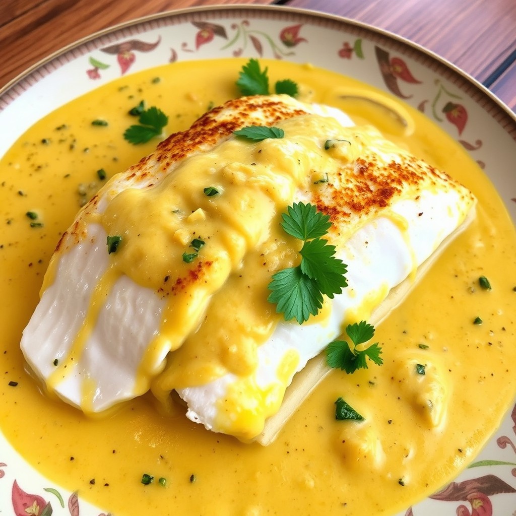 A beautifully plated dish featuring a succulent white fish fillet, expertly pan-seared to a golden brown