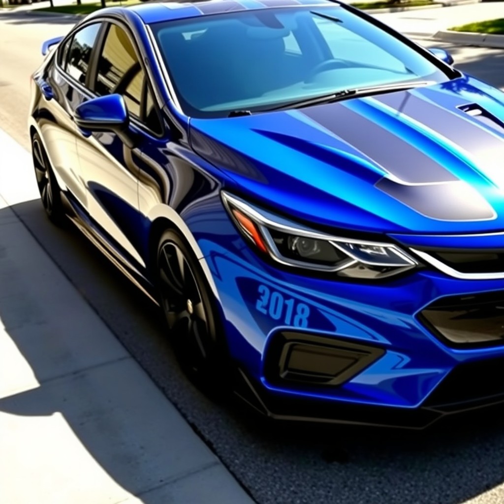 A customized 2018 Chevrolet Cruze with a unique design, featuring a sleek and modern exterior with a vibrant blue finish, oversized sporty wheels, and a bold front grille