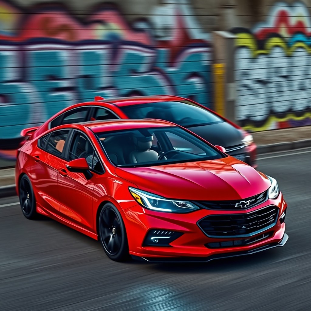 A customized 2018 Chevrolet Cruze, featuring a sleek design with a vibrant red exterior, blacked-out windows, and sporty alloy wheels