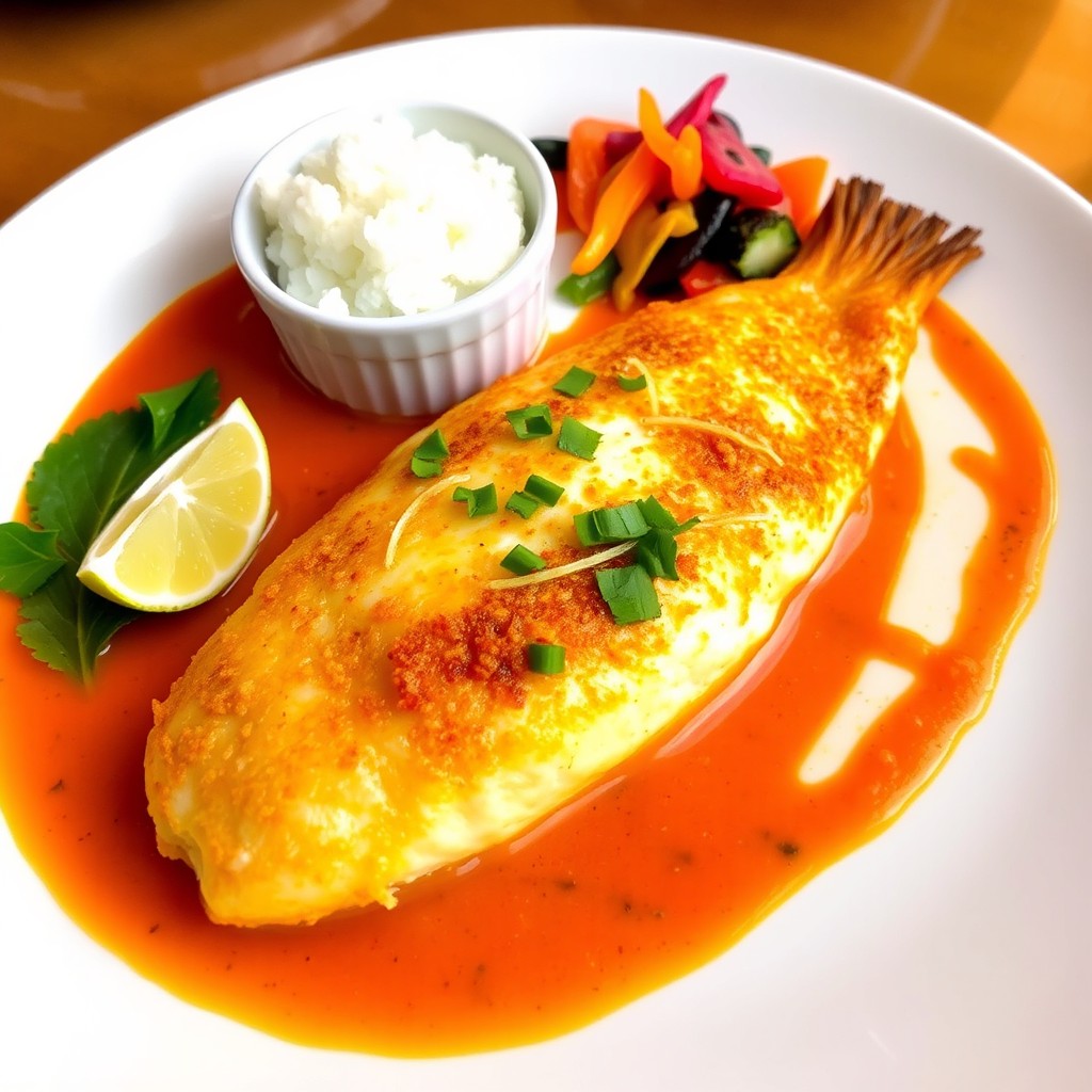 A beautifully plated dish featuring a golden brown fillet of white fish, perfectly cooked and crispy, sitting on a bed of vibrant red curry infused with coconut milk