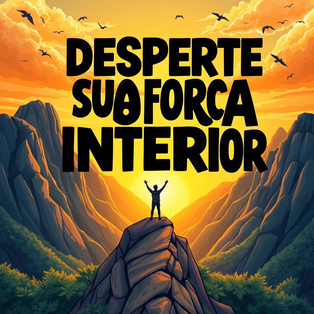 An illustrated book cover featuring the title 'Desperte Sua Força Interior' in bold, inspiring typography