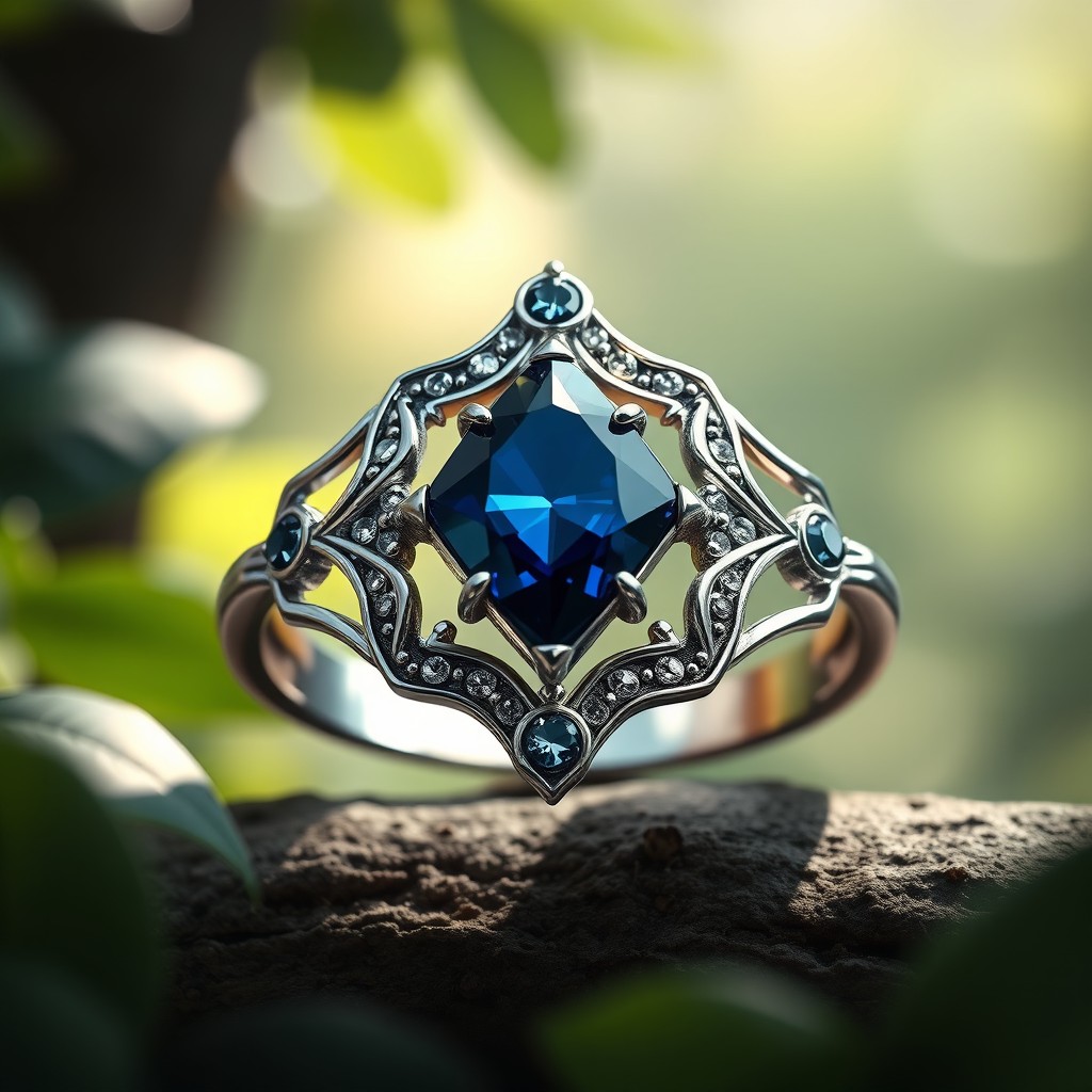 A beautifully crafted silver double ring featuring a striking dark blue diamond-shaped stone at its center, intricately designed in an elegant elven style