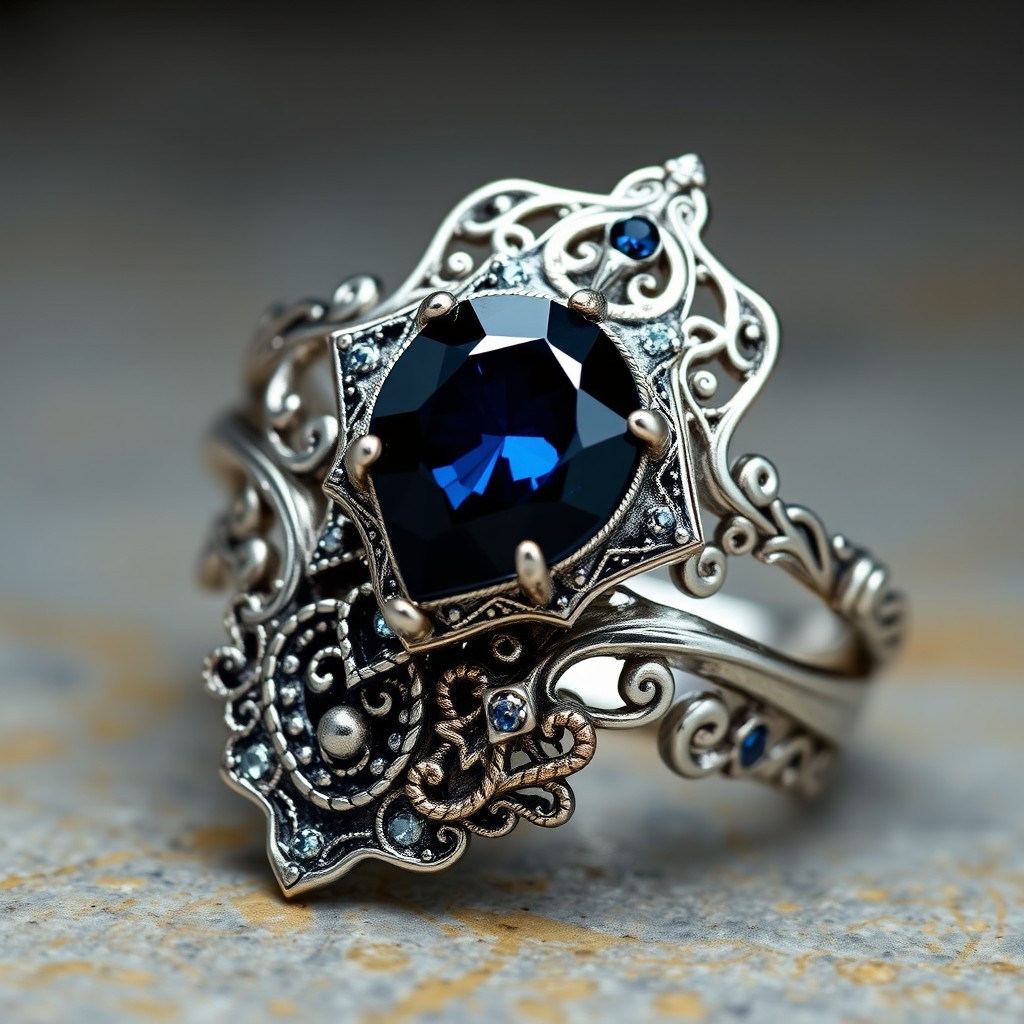 A silver double ring adorned with a striking dark blue diamond-shaped stone, intricately designed in an elegant elven style