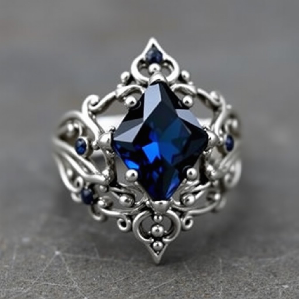 A beautifully crafted silver double ring featuring a striking dark blue diamond-shaped stone, intricately designed in an elegant elven style