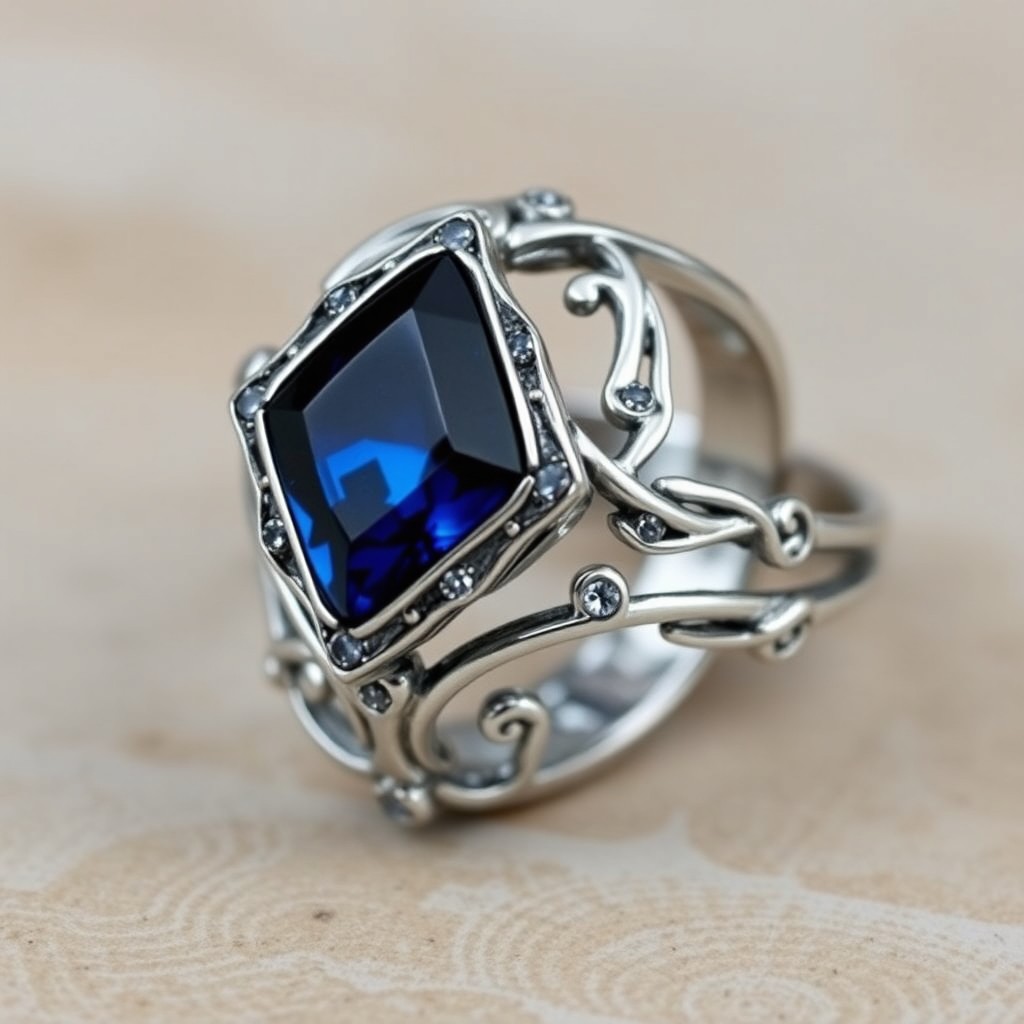 A silver double ring intricately designed in an elven style, featuring a dark blue diamond-shaped stone at its center