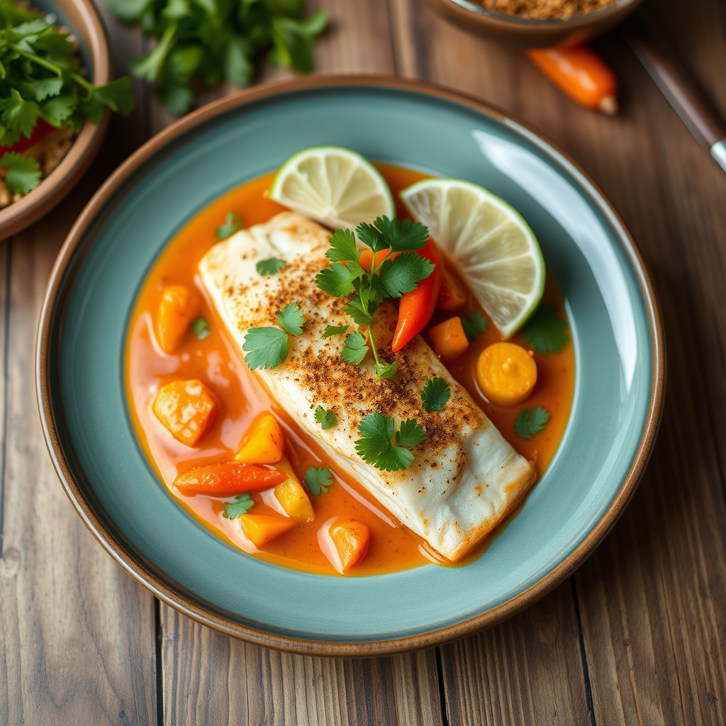 A beautifully presented dish featuring white fish fillet, expertly pan-seared to a golden brown, served in a vibrant red curry sauce
