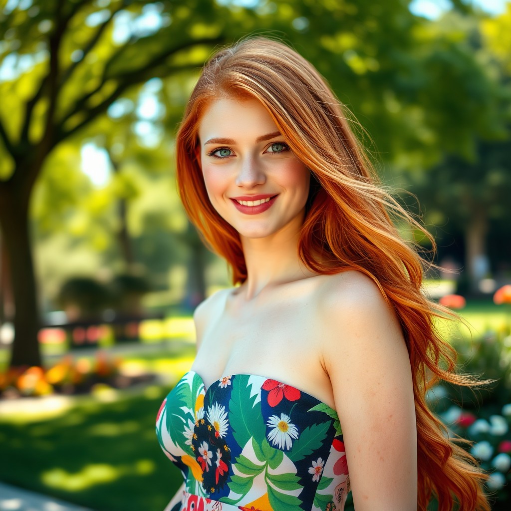 A beautiful young redhead woman, with vibrant flowing hair, glowing skin, and striking emerald green eyes