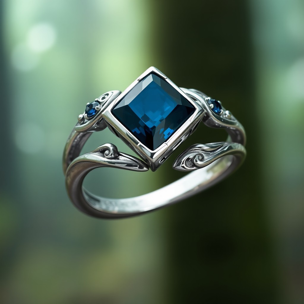 A stunning silver double ring featuring a dark blue diamond-shaped stone at its center, elegantly designed in an elven style