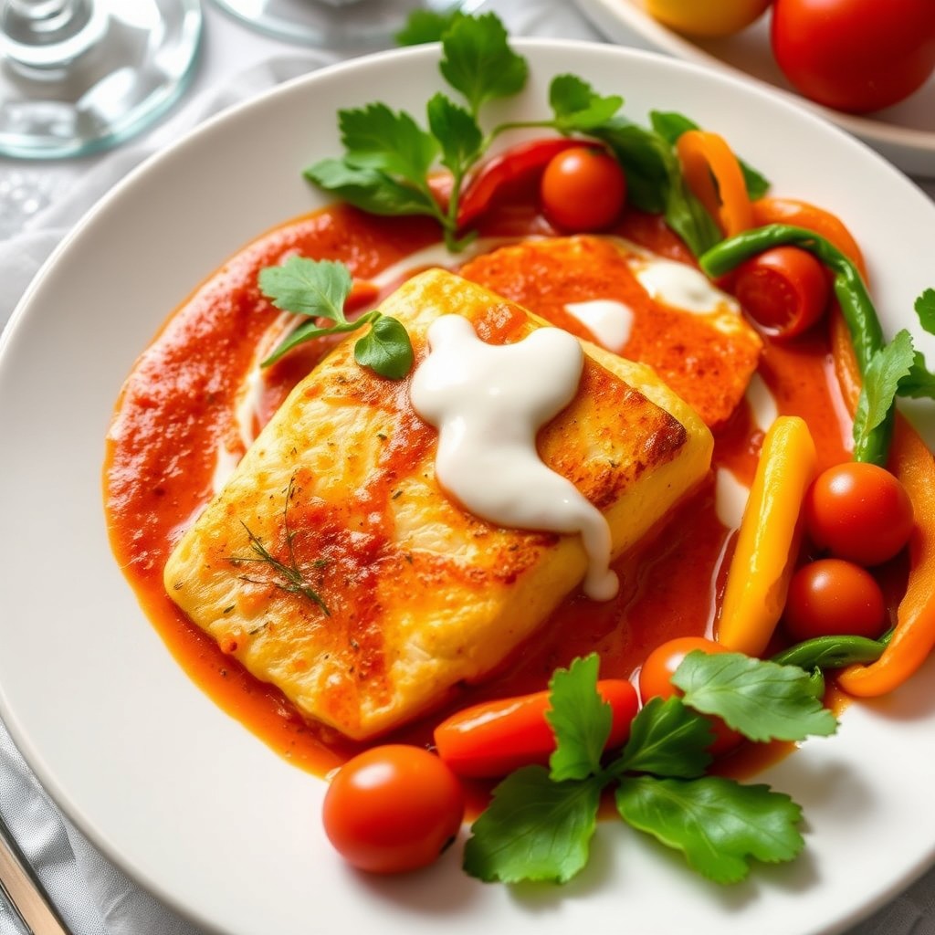 A beautifully arranged dish featuring a golden-brown pan-seared white fish fillet, garnished with vibrant red curry sauce swirling around it