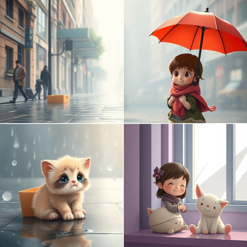 A series of heartwarming scenes depicting a small, fluffy kitten with big, teary eyes sitting alone in the rain on a quiet city street, surrounded by a soft, misty atmosphere