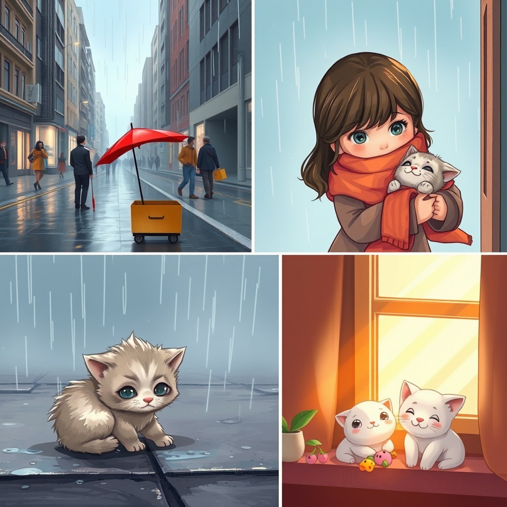 A small, fluffy kitten with big, teary eyes sits alone in the rain on a quiet city street, looking up at the people passing by, who are oblivious to his presence