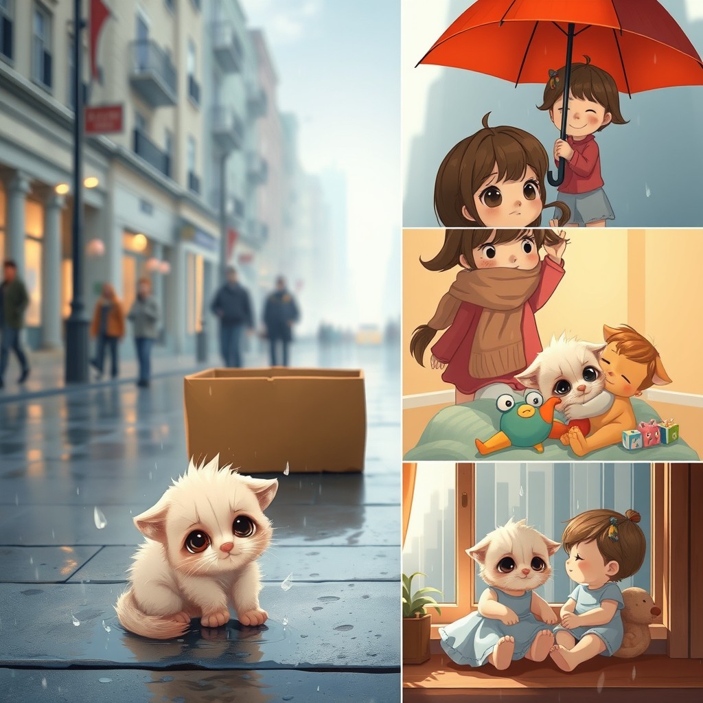 A series of heartwarming scenes depicting a small, fluffy kitten with big, teary eyes sitting alone in the rain on a quiet city street, looking up at people passing by