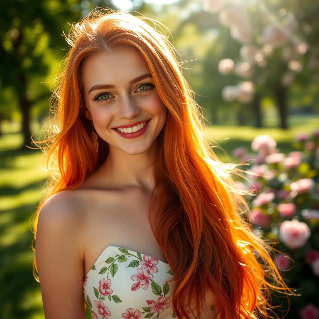 A beautiful young redhead woman with long flowing hair, vibrant red locks glistening in the sunlight, wearing a stylish summer dress with floral patterns