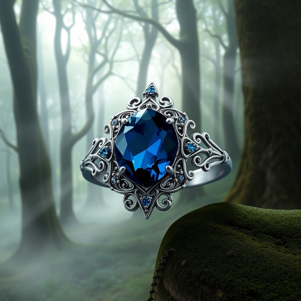 An enchanting silver double ring featuring a captivating dark blue diamond-shaped stone, intricately crafted in a whimsical elven style