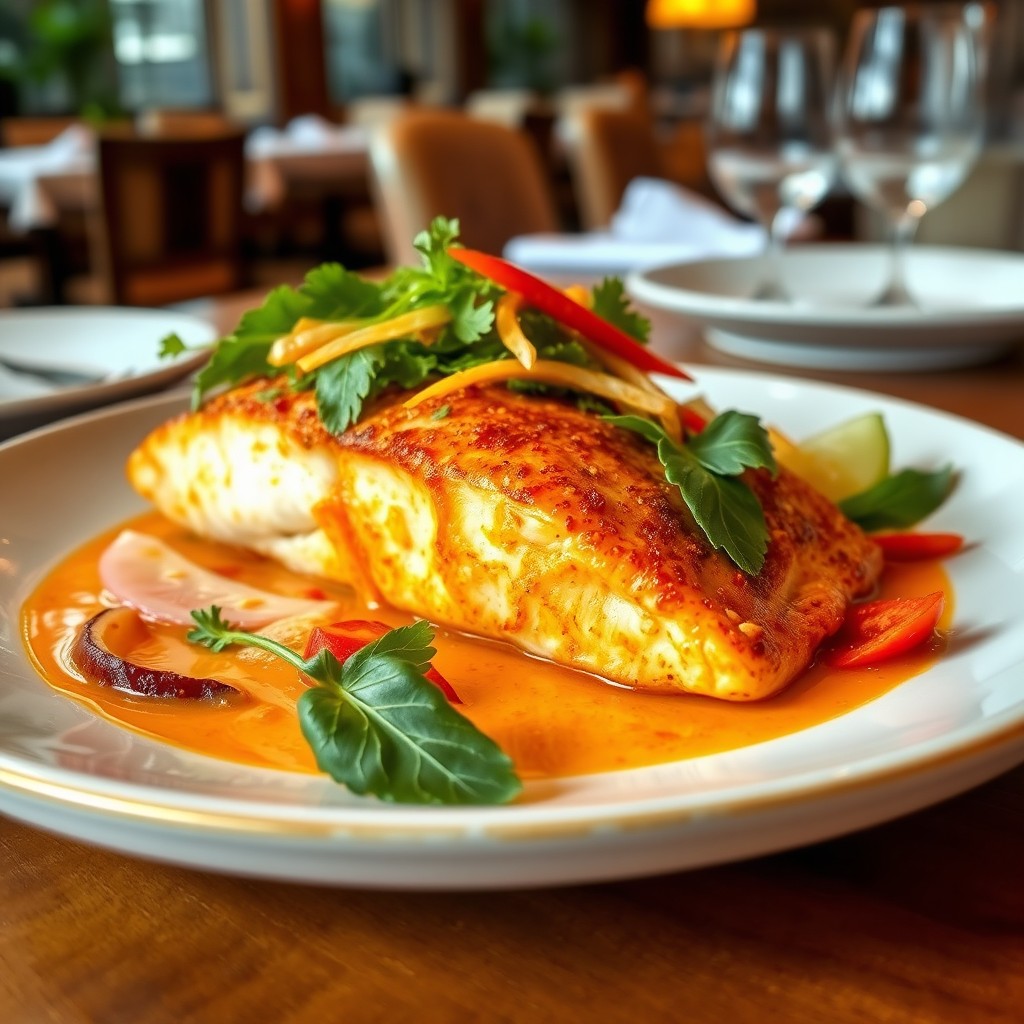 A visually appealing plate featuring perfectly cooked white fish fillet, golden and crispy, seasoned with vibrant red curry and creamy coconut milk