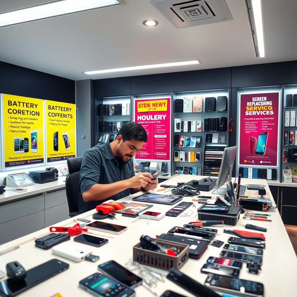 A modern phone repair service shop, showcasing a sleek and organized workspace
