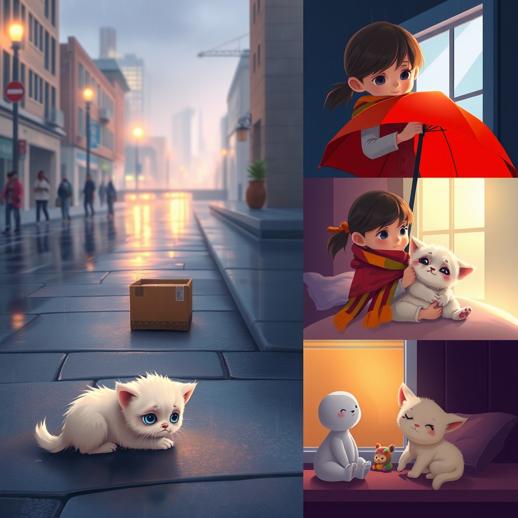 A small, fluffy kitten with big, teary eyes sits alone in the rain on a quiet city street, looking up at the people passing by, who are oblivious to him