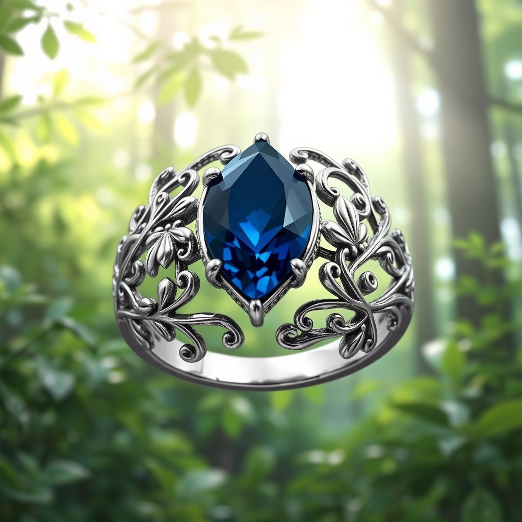 An exquisite silver double ring featuring a striking dark blue diamond-shaped stone, intricately designed with elaborate elven motifs of leaves and branches