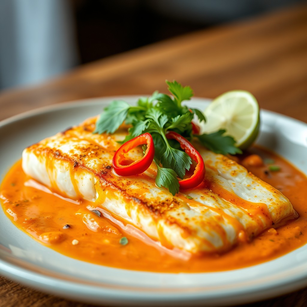A beautifully plated dish featuring a fillet of white fish, perfectly pan-seared and golden brown, served with rich red curry sauce intertwined with creamy coconut milk