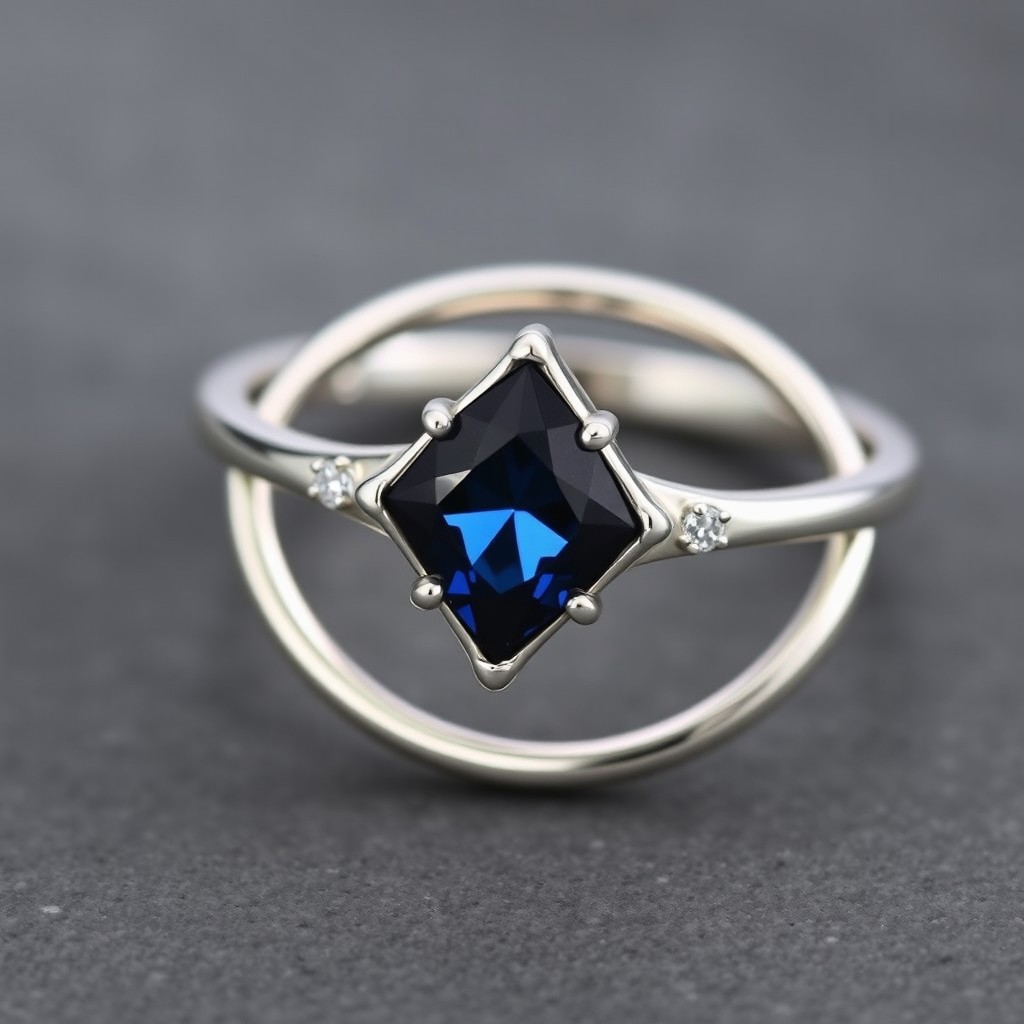 A classic silver double ring featuring a dark blue diamond-shaped stone in an elegant elven style, accented with a few small cubic zirconias