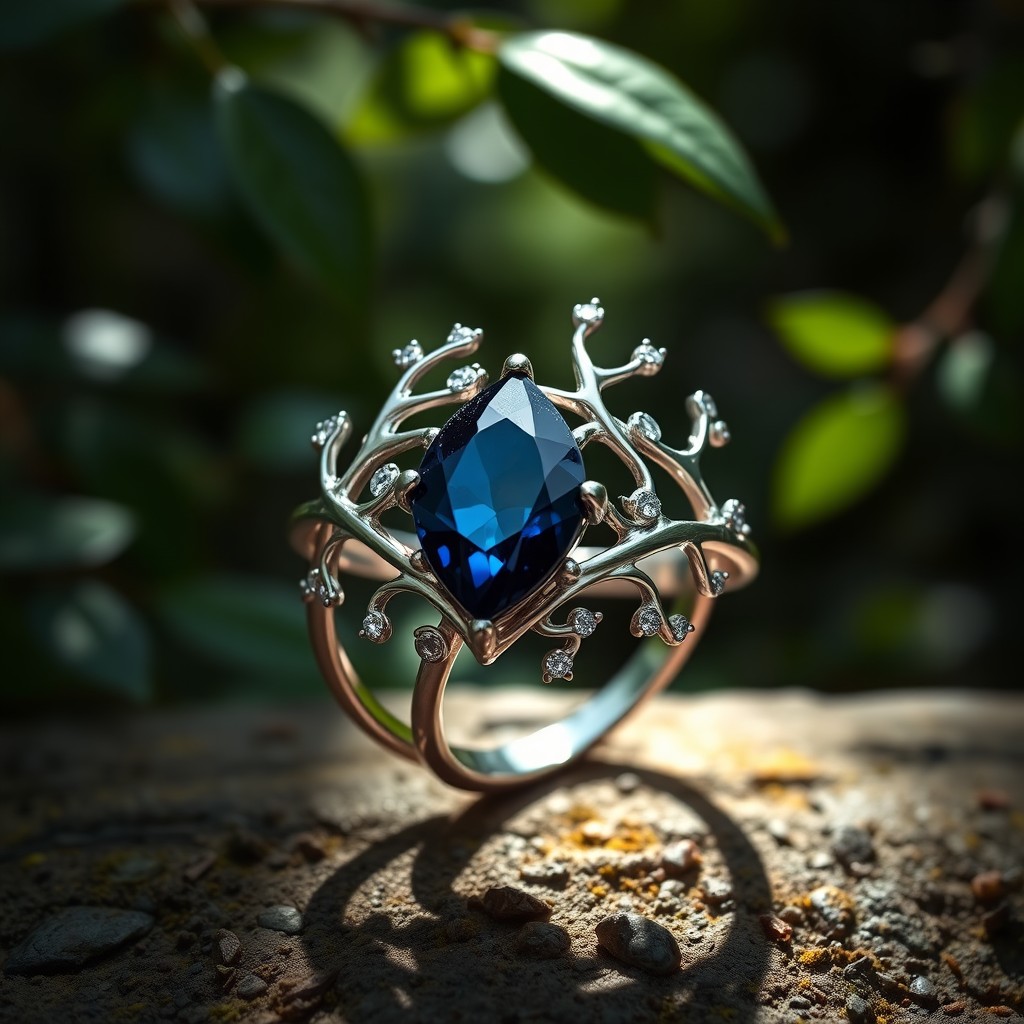 An exquisite silver double ring featuring a captivating dark blue diamond-shaped stone, intricately designed with delicate branches and leaves, inspired by elven culture and mythology
