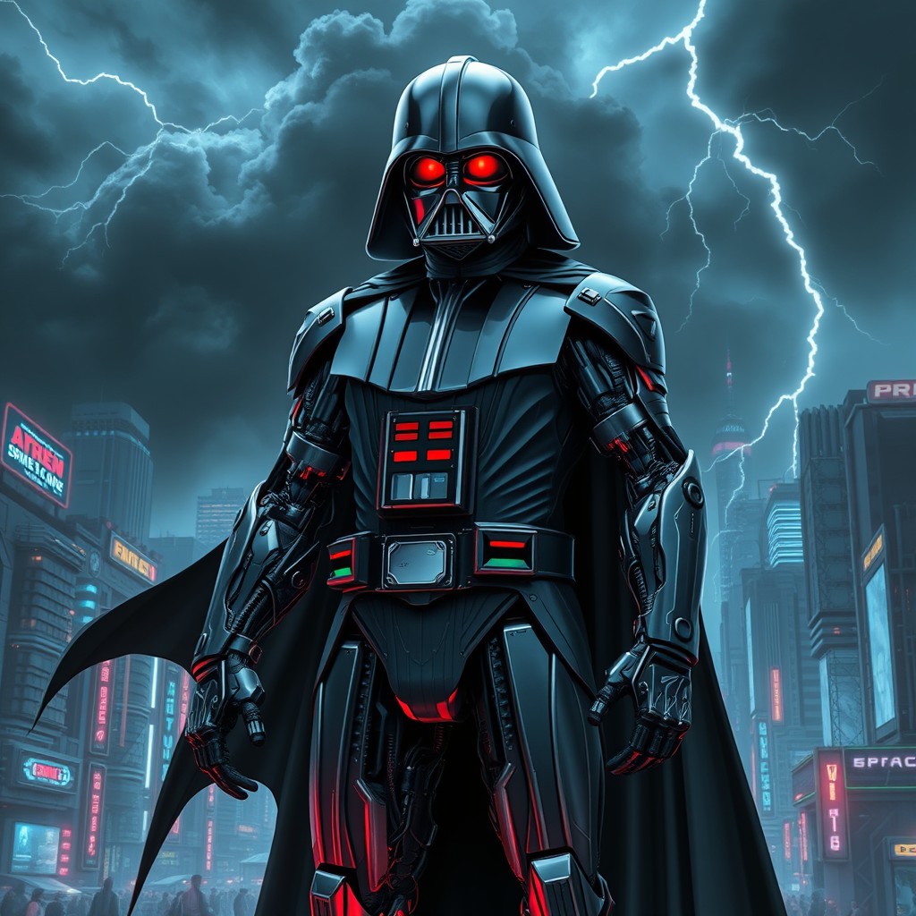 A futuristic interpretation of Darth Vader as a cyborg, featuring sleek metallic limbs and a high-tech helmet with glowing red eyes