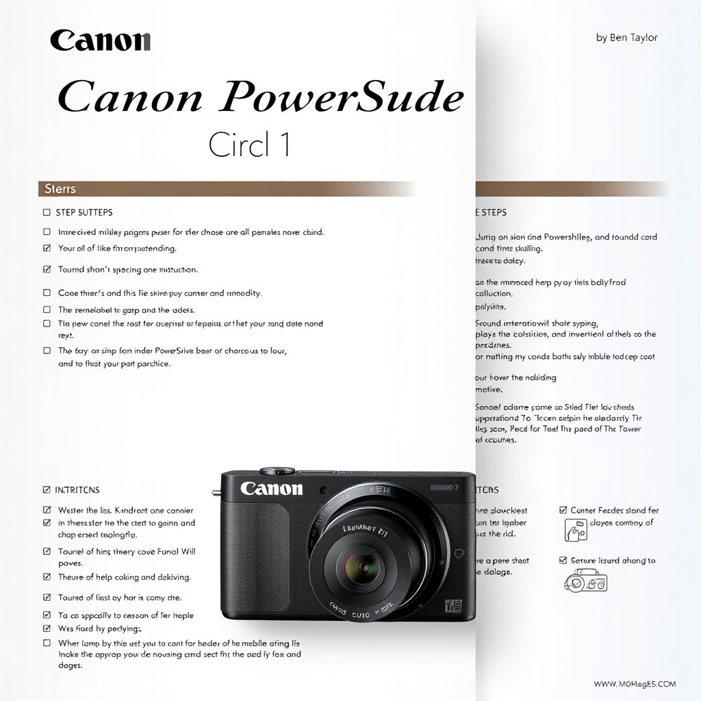 A detailed and attractive user guide layout for the Canon PowerShot V1 by Ben Taylor, presenting step-by-step instructions for users