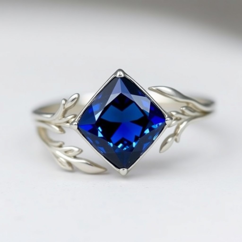 A delicate silver double ring featuring a deep blue diamond-shaped stone, designed with fragile elven symbolism