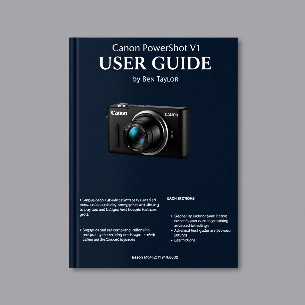 An elegantly designed user guide for the Canon PowerShot V1 by Ben Taylor, focusing on step-by-step instructions tailored for professional photography