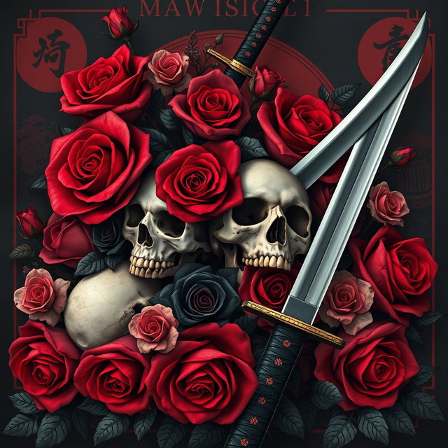 An intricate composition featuring roses and skulls intertwined with traditional katana swords, all set in a Japanese aesthetic