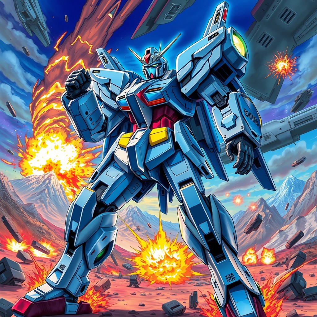A detailed and dynamic illustration of a futuristic mobile suit, resembling a Gundam, poised in a heroic stance on a vibrant battlefield