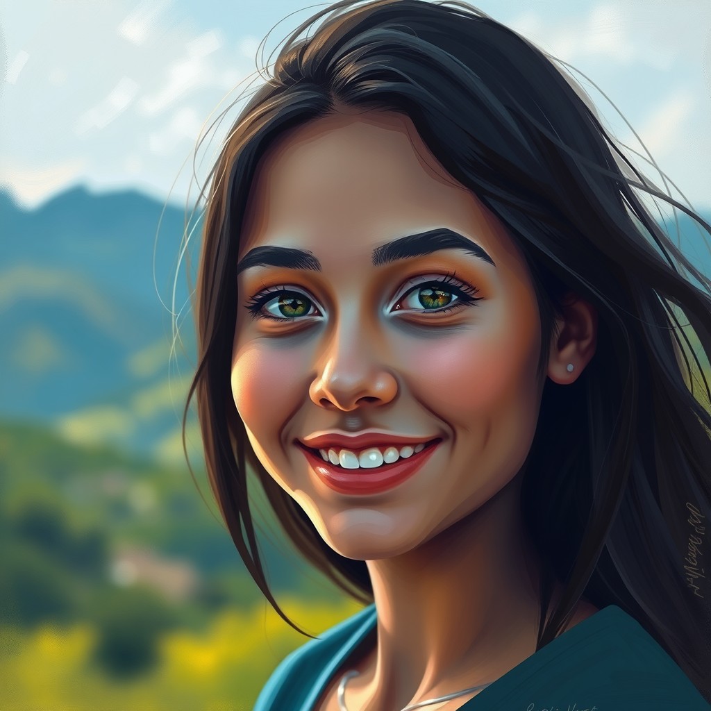 A stunning artistic portrait based on the provided photo, focusing on a vibrant color palette and smooth brush strokes to create a painterly effect