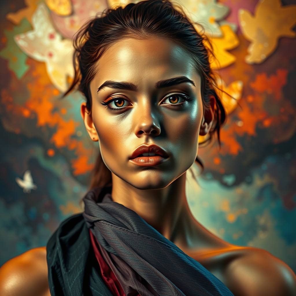 An artistic portrait showcasing a person with strong facial features and an expressive gaze