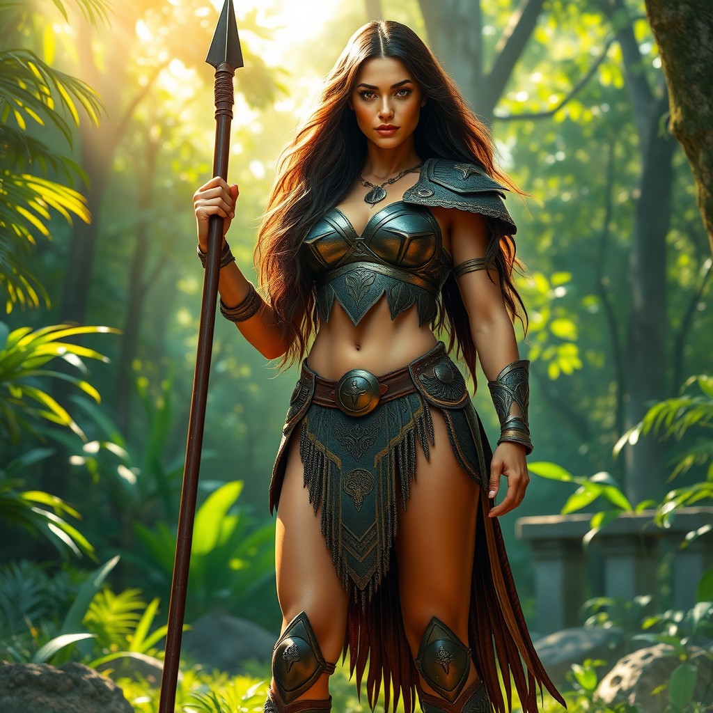 A tall and imposing Amazon warrioress stands confidently in a lush green forest