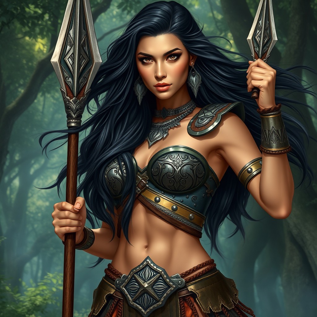 A strikingly beautiful Amazon warrioress, characterized by her tall and athletic build, fierce gaze, and flowing dark hair