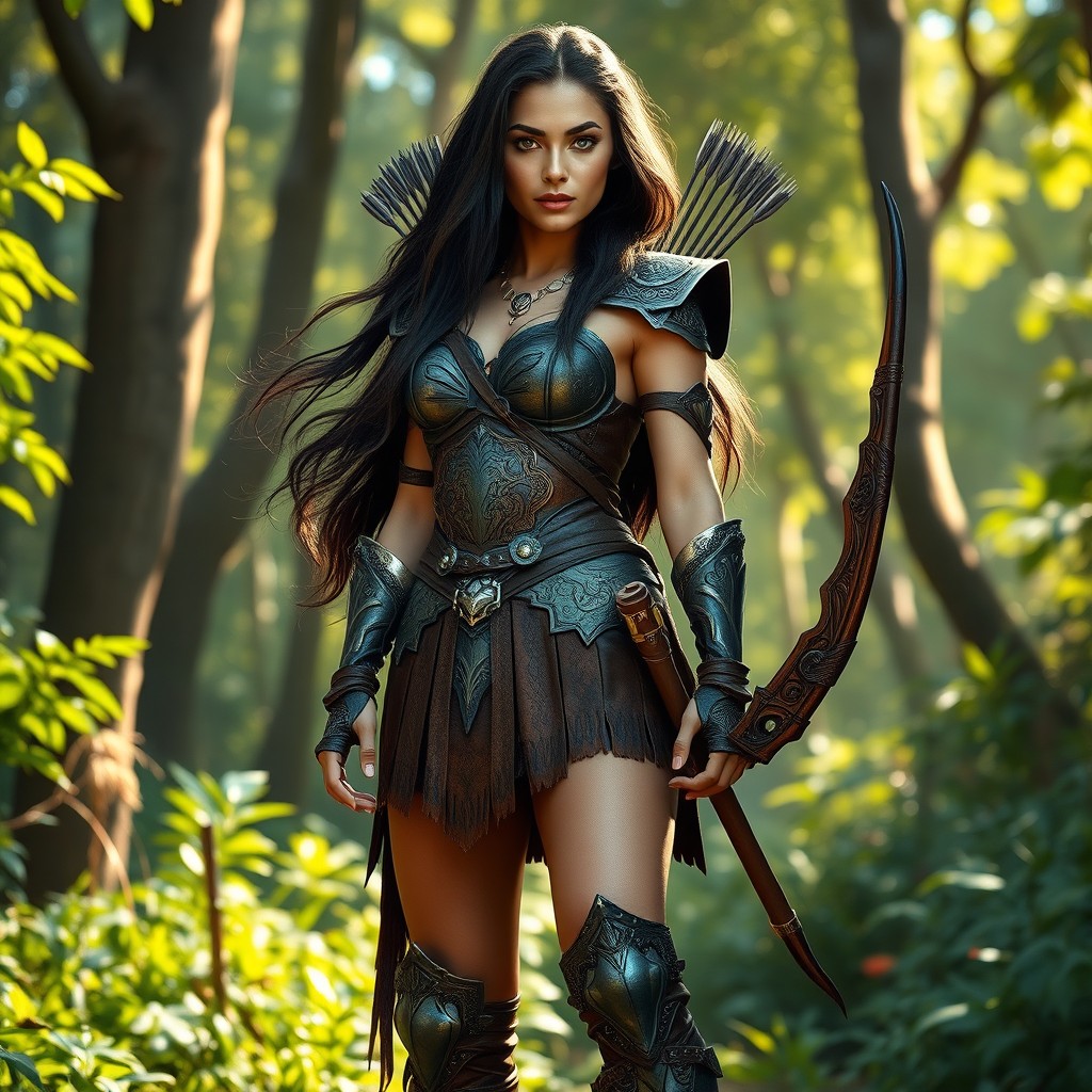 A tall, beautiful Amazon warrioress standing proudly in a lush, vibrant forest