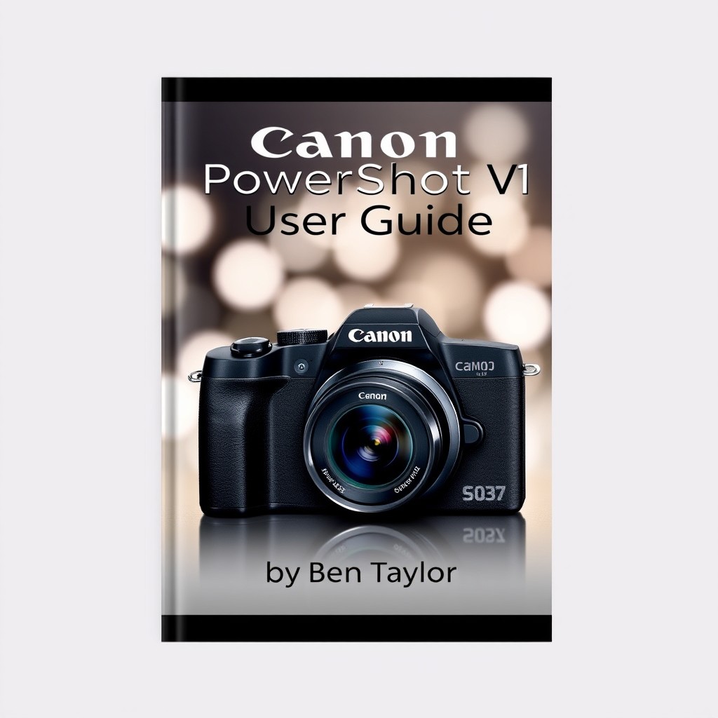 An appealing book cover design for 'Canon PowerShot V1 User Guide' by Ben Taylor, featuring a high-quality photograph of the Canon PowerShot V1 camera prominently displayed in the center