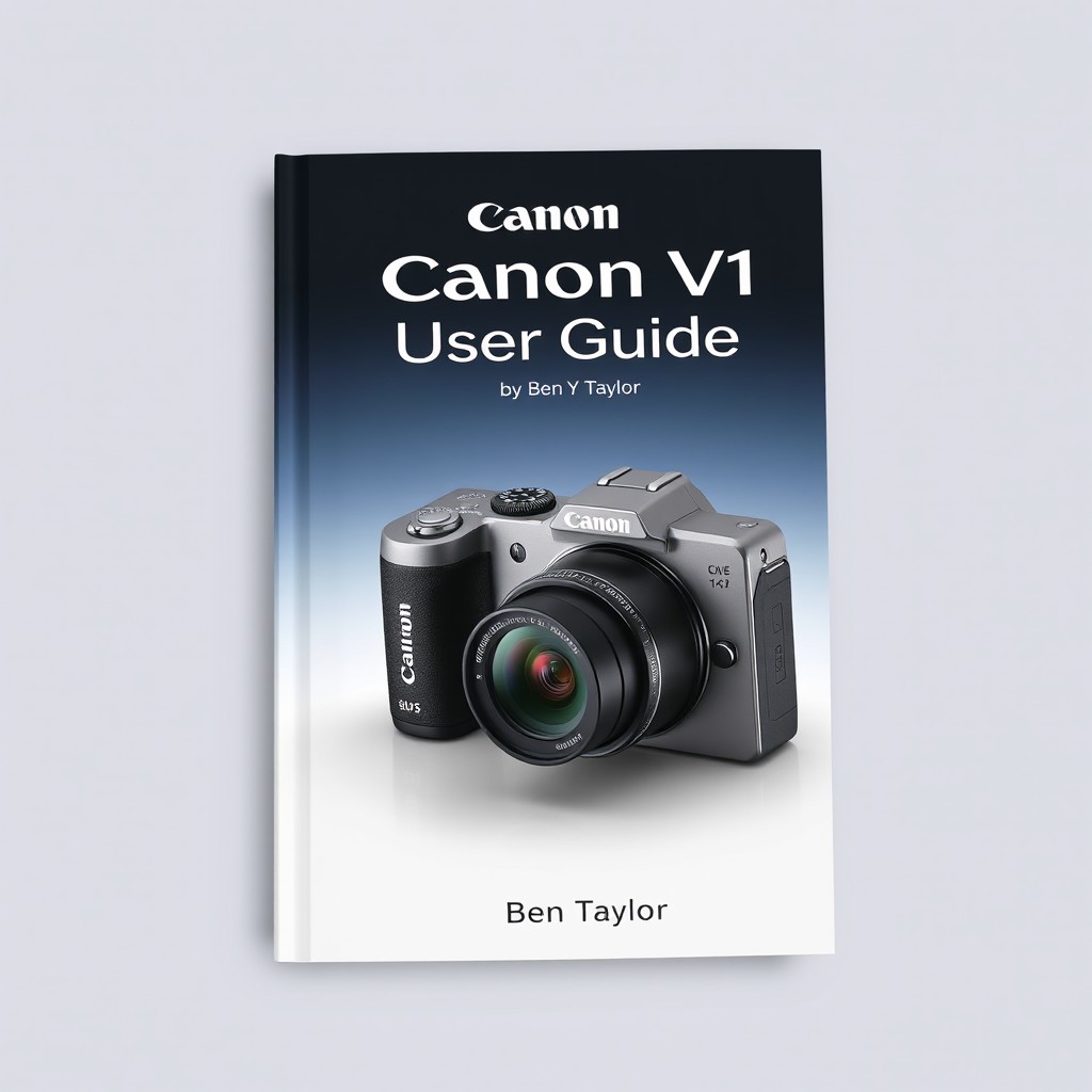 An imaginative book cover design for 'Canon PowerShot V1 User Guide' by Ben Taylor, showcasing the camera prominently against a clean, modern background